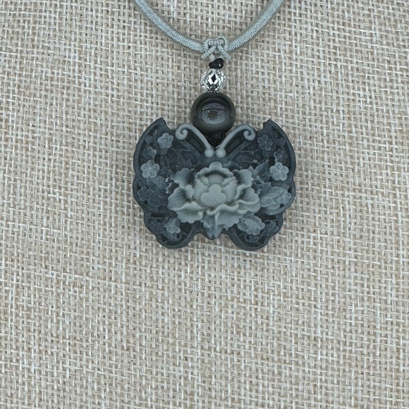 Tai Chi Stone Butterfly Pendant Necklace Silver Accent on Rope - Picture 5 of 9